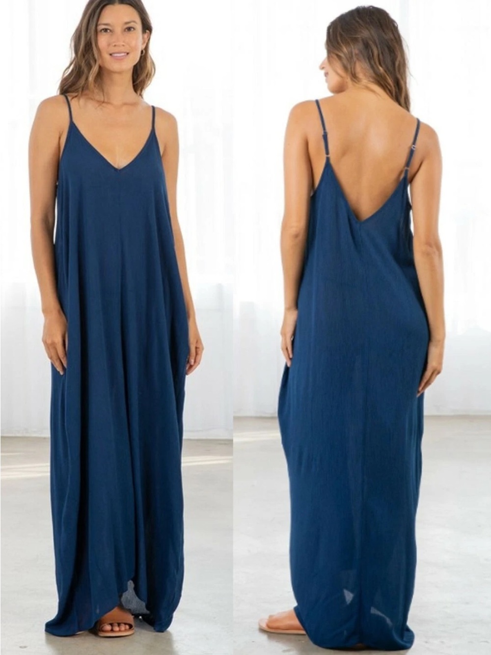 Lovestitch ocean Blue Deep V-Necklin Spaghetti Strap Maxi Dress relaxed fit S/M